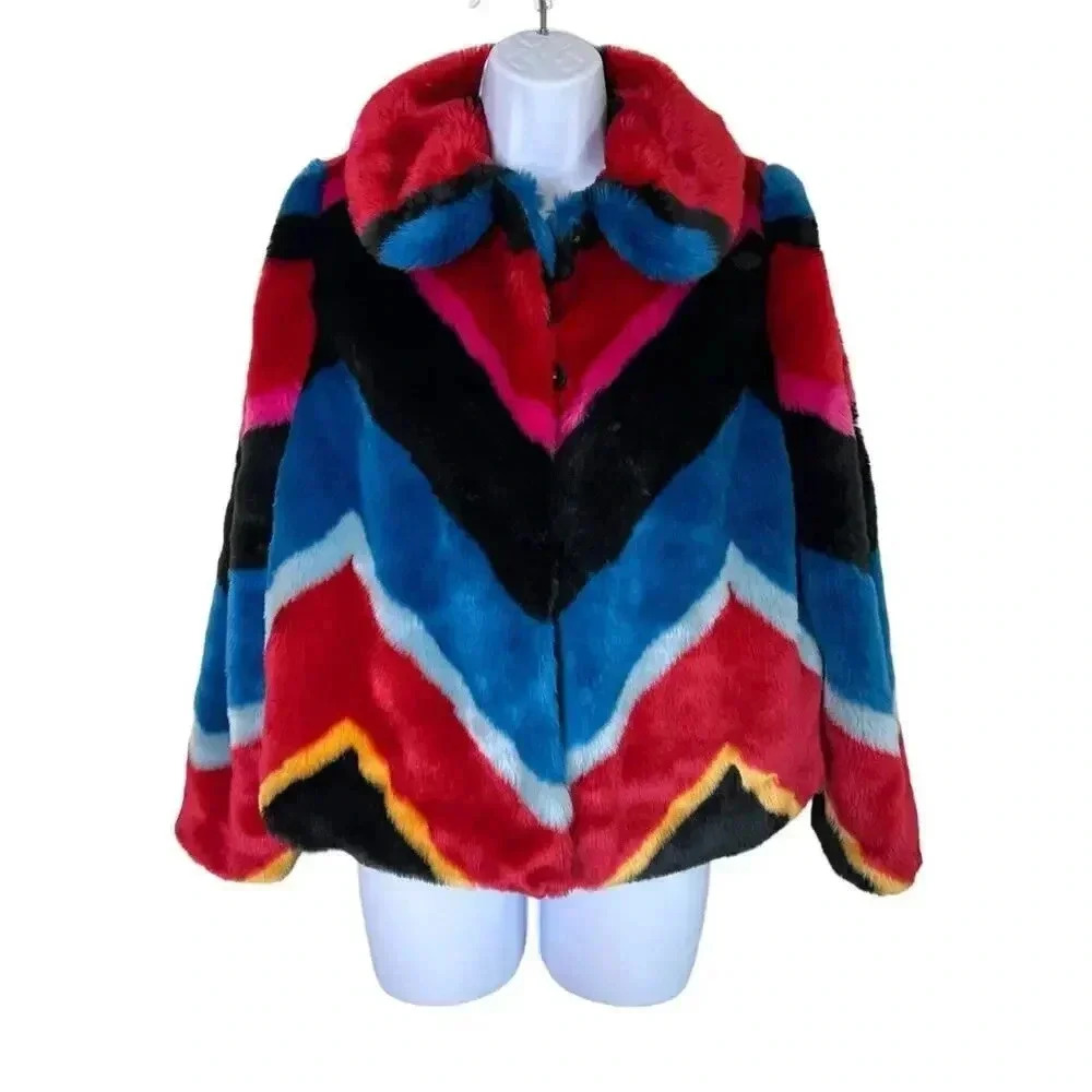 Alice + Olivia Jerri Color Block Faux Fur Coat Jacket Womens Size S Mobwife